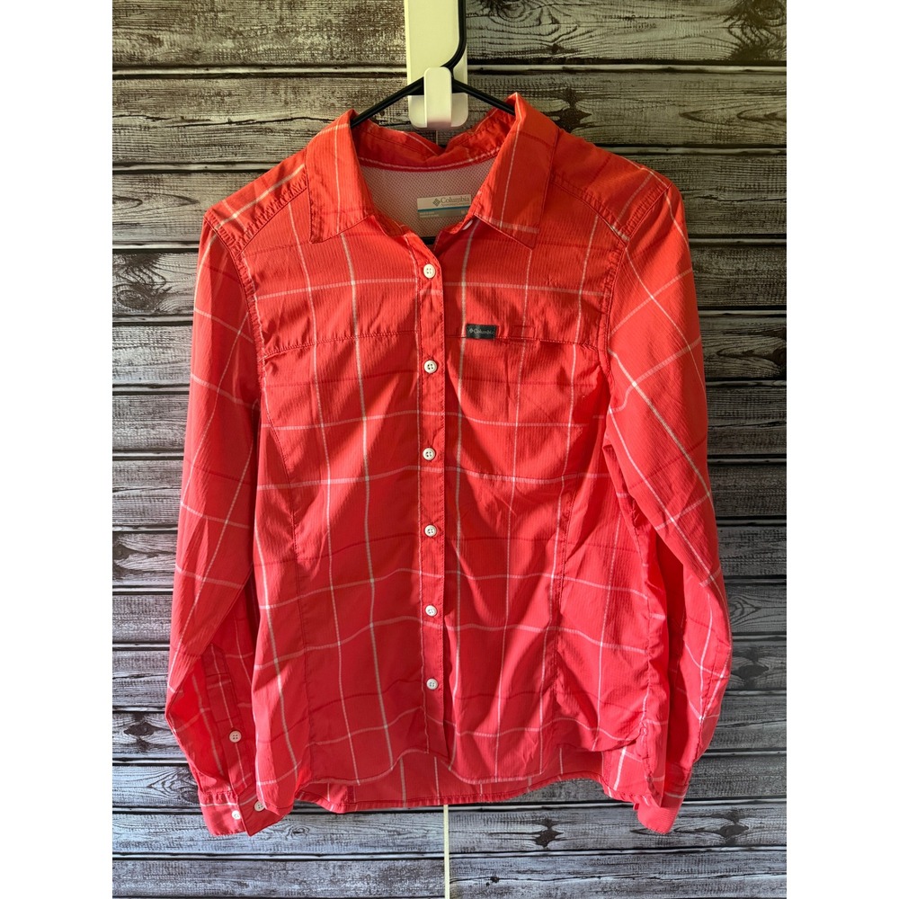 Columbia Women's Long-Sleeved Button-Down Hiking Shirt Sz M Coral Red Plaid Logo